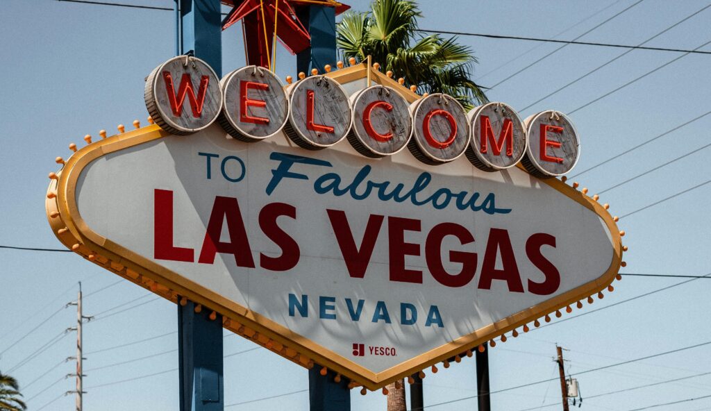 Colorful and vibrant sign welcomes you to Las Vegas, Nevada, a city known for its inclusive and LGBTQIA+ friendly atmosphere