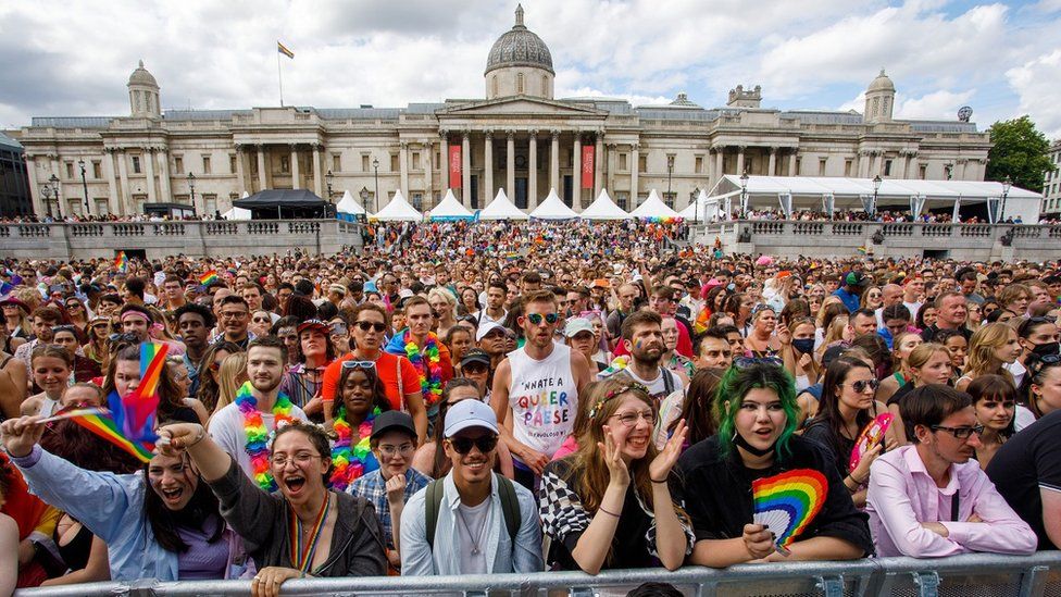 Large crowd gathered in Trafalgar Square for Pride in London celebration in 2022