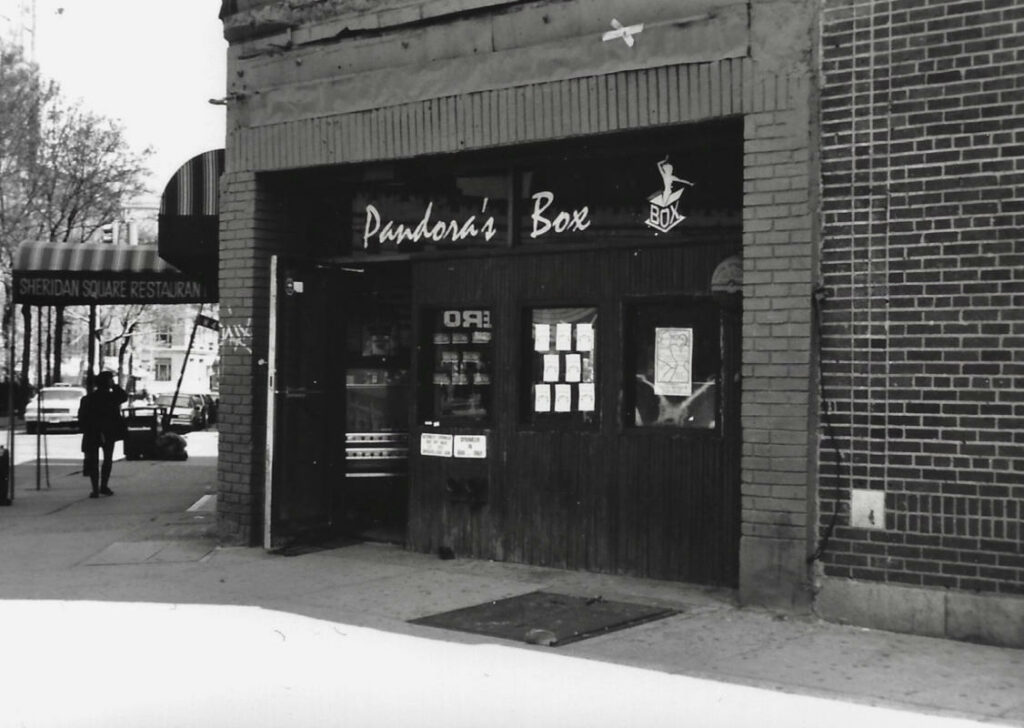 Exterior of Pandora's Box, a historic lesbian bar in the West Village from the 1970s to the early 1990s, depicted in a black and white photograph.