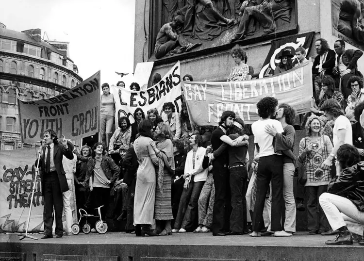 A historic photograph depicting the Stonewall riots of 1969, a pivotal moment in LGBTQ activism, sparking significant advancements in the fight for equal rights.
