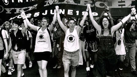 Group of the Lesbian Avengers at the first Dyke March in 1993, sparking the formation of over 50 chapters nationwide.