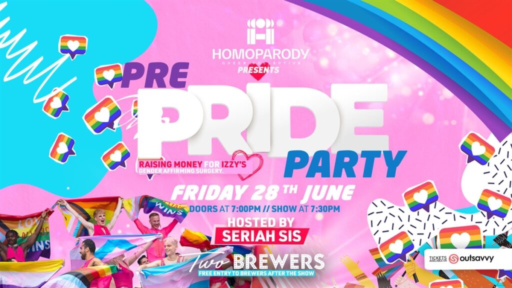 A poster of HOMOPARODY Pre-Pride Party, London pride events 2024