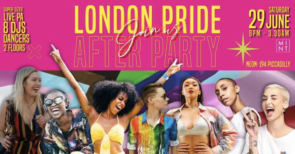Poster for the Mint Pride in London After Party, London pride event 2024