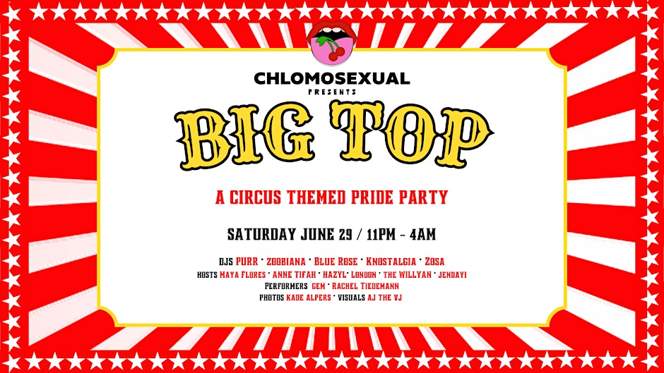 A poster promoting Big Top - A Circus Themed Pride Party, one of parties during the pride month 2024 in New York