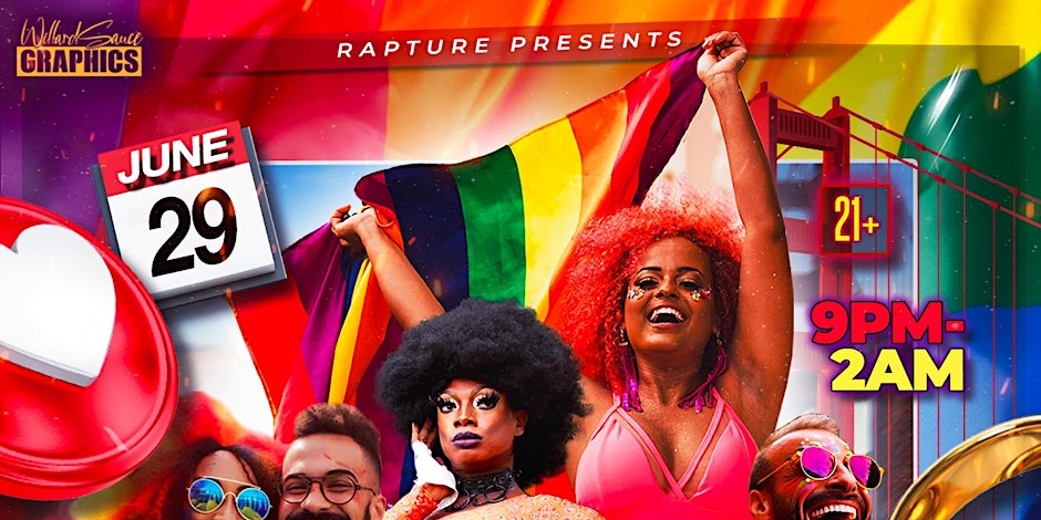 A vibrant poster promoting Groove Theory - San Francisco Pride Hip-Hop Stage After Party. Bold text on a colorful background announces the event with details of the time.