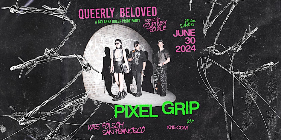 A vibrant poster promoting the San Francisco Pride 2024 event 'Queerly Beloved Pride: Pixel Grip.'