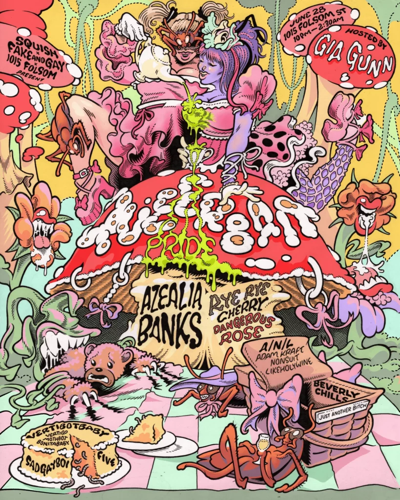 A colorful poster promoting QUEERBAIT: Azealia Banks + Rye Rye (Hosted by Gia Gunn), one of the parties and events for San Francisco Pride 2024. The poster features vibrant graphics.