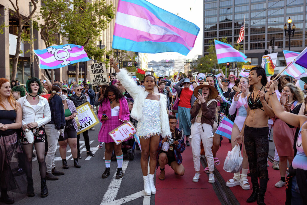 A large crowd of diverse individuals marching down a street, waving trans flags and banners. Among them are people of various gender identities and expressions.The atmosphere is vibrant and celebratory, with smiles and solidarity evident throughout the procession.