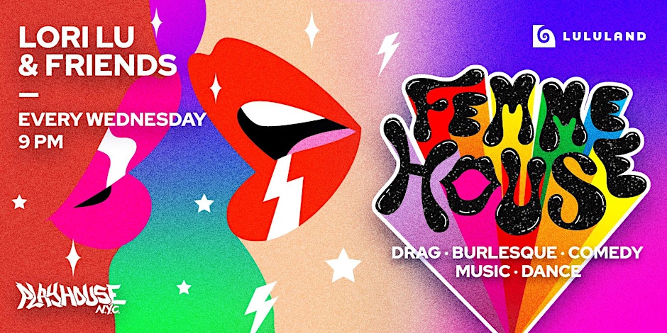 A vibrant poster promoting Femme House party at New York Pride 2024. The poster features colorful graphics, including rainbow elements, celebrating inclusivity and diversity. Bold text announces "Femme House" as a key event at the upcoming pride festivities