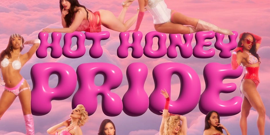A vibrant poster promoting 'Hot Honey Pride' by Honey Burlesque and Hot Rabbit NYC, featuring bold text and colorful illustrations