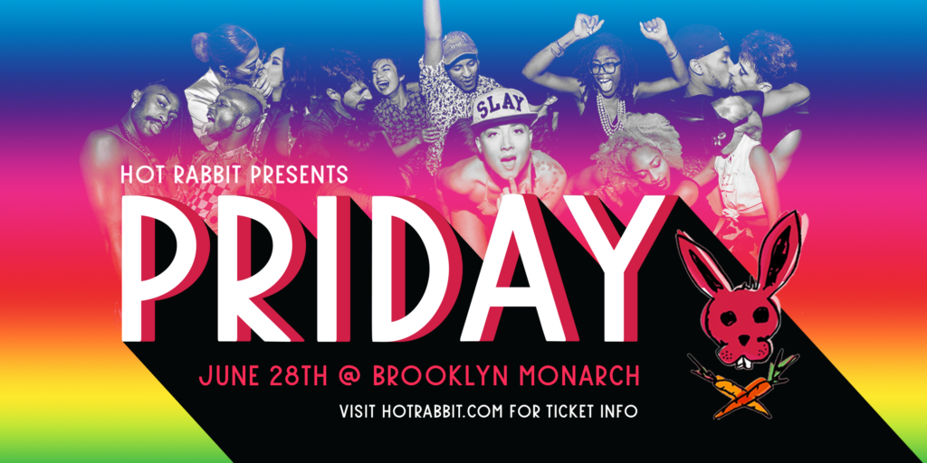 Poster promoting Hot Rabbit's Priday LGBTQ+ Pride Celebration as one of New York Pride 2024 parties. The vibrant poster features colorful graphics and text with details about the event, including date, time, and location. The background showcases a rainbow theme, symbolizing LGBTQ+ pride, and includes images of people dancing and celebrating. The overall design is festive and inviting, reflecting the spirit of Pride Month.