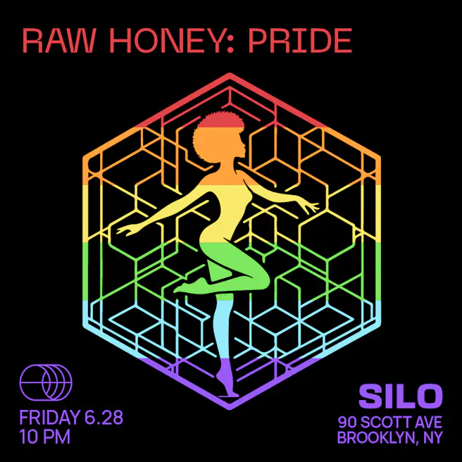 A colorful poster promoting "Raw Honey: Pride" for New York Pride 2024. The poster features vibrant rainbow colors and bold text announcing the event. It includes details about the date, time, and location of the party.