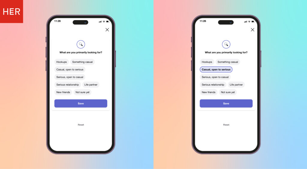 the screenshots with HER app for users to select what they are primarily looking for with the options of hookups, something casual, life partner and new friends etc. within the new Honest Goals feature launched in 2024.
