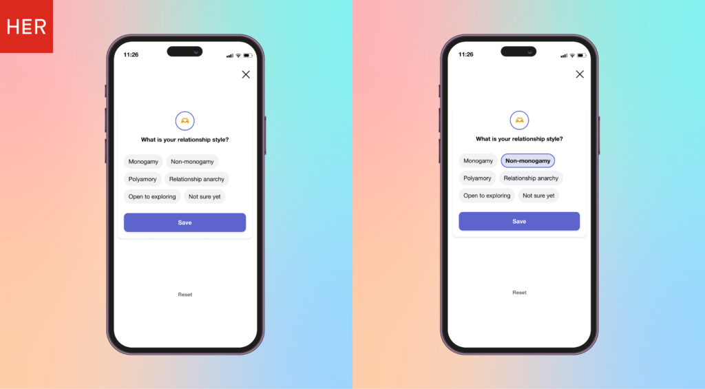 the screenshots with HER app for users to select what their relationship styles are with the options of monogamy, non-monogamy, polyamory and open to exploring etc. within the new Honest Goals feature launched in 2024.