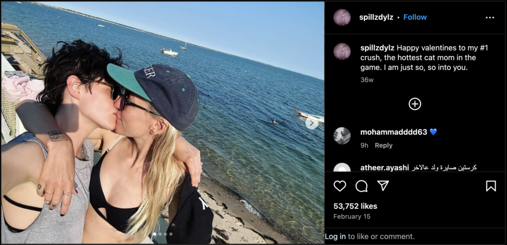A screenshot of Dylan Meyer's Instagram showing a beachside photo of her and her girlfriend, Kristen Stewart. Both of them wear different accessories from rings, necklaces, and baseball caps.