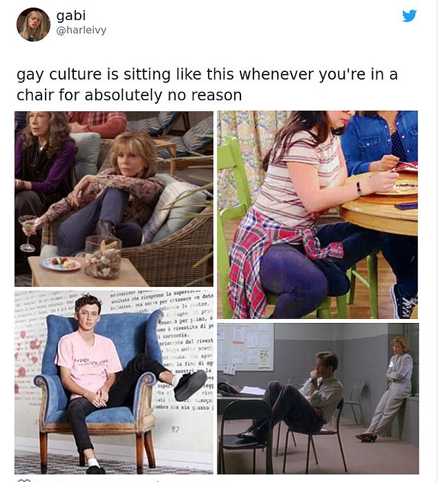 A tweet shows four images of Jane Fonda, Elena from One Day at a Time, Troye Sivan, and Agent Mulder from The X Files, all sitting weirdly, accompanied by text reading “gay culture is sitting like this whenever you’re in a chair for absolutely no reason.”
