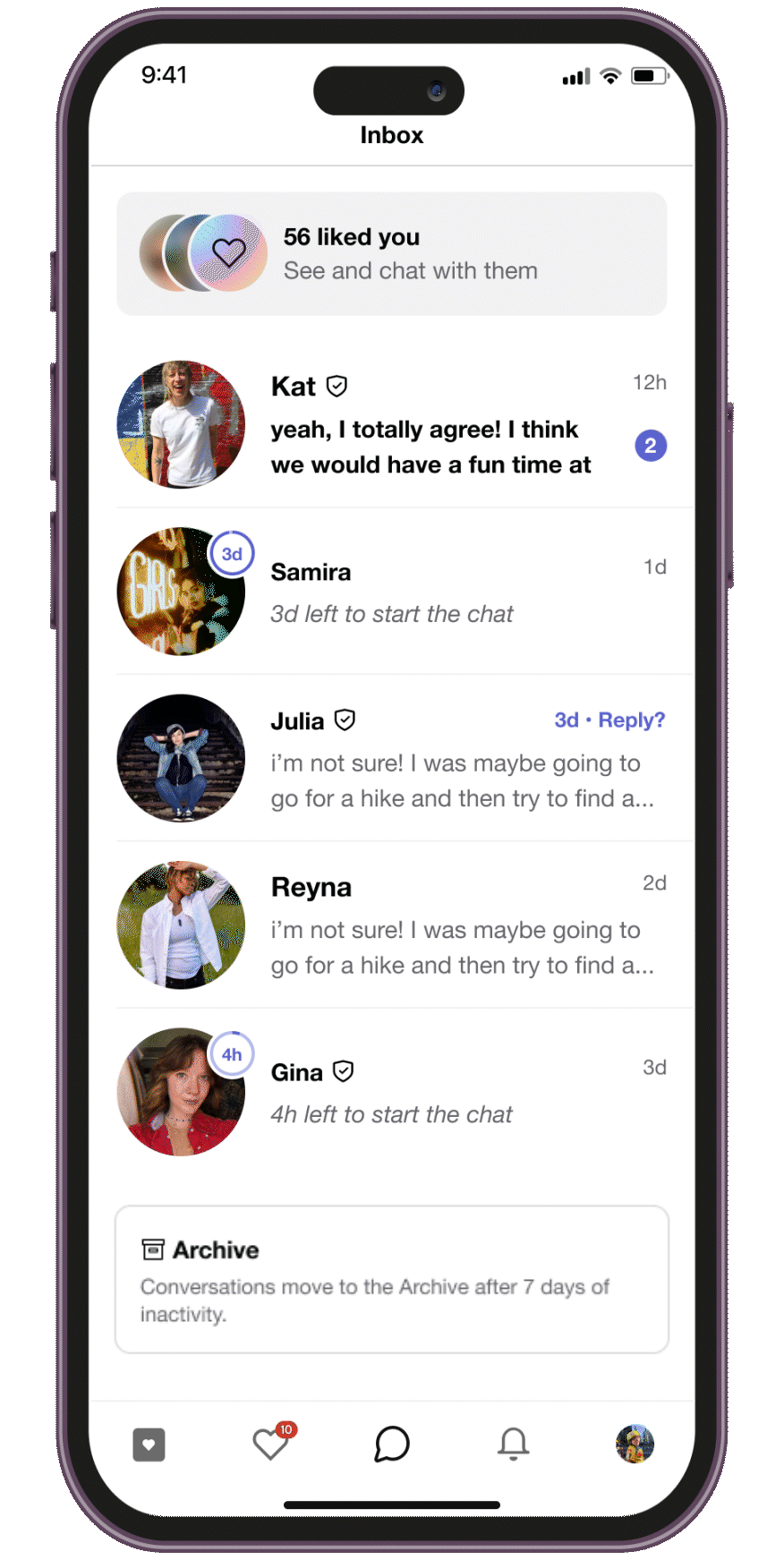 GIF showing inactive chats being archived in the HER app inbox to keep it organized and focused on active conversations.
