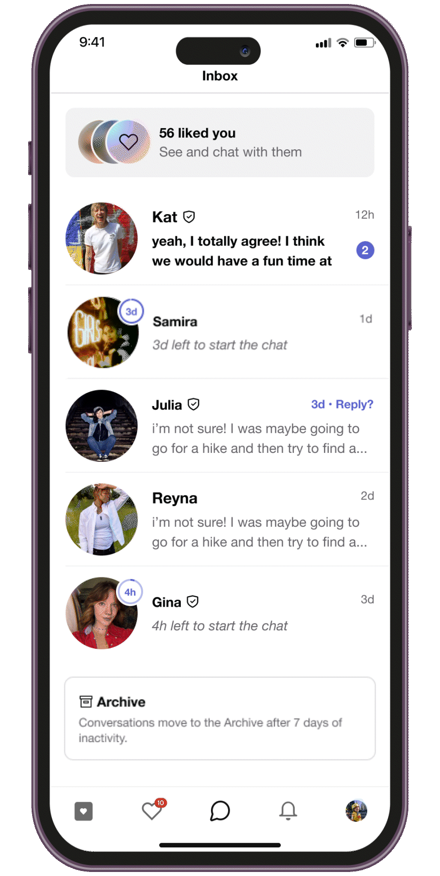 GIF showing the HER app inbox where matches without messages expire after 3 days, keeping conversations focused and intentional, encouraging users to make the first move for meaningful connections.