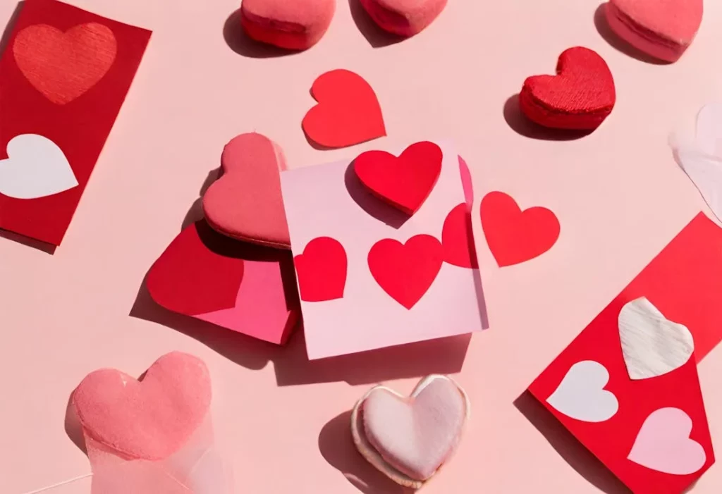 A collection of red and pink paper hearts, heart-shaped macarons, and handmade cards is scattered across a light pink surface, creating a festive and romantic scene.