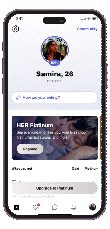 Animated flow demonstrating how the Feelings feature works on the HER app. The GIF shows a user navigating through the app to select and update their current "Feeling" from various options like “Flirty,” “Just talking,” or “Yearning.” The chosen Feeling is then displayed on their profile for 48 hours, helping others understand their current vibe or dating intention. The interface includes clean design elements, emoji-style icons, and intuitive tap interactions for setting or changing Feelings.