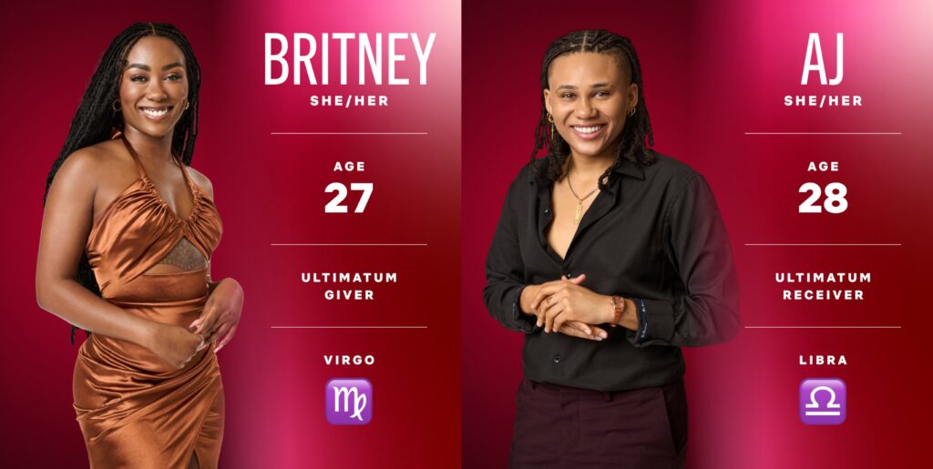 Britney and AJ from The Ultimatum Queer Love Season 2 cast. Britney wears a copper satin dress, AJ wears a black shirt. Age, pronouns, zodiac signs, and their roles as ultimatum giver and receiver are displayed.