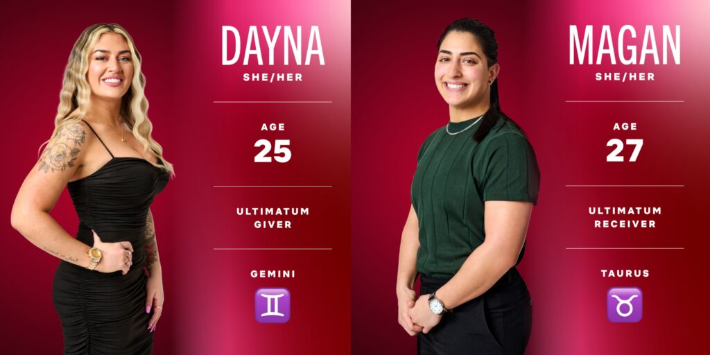 Dayna and Magan from Netflix's The Ultimatum Queer Love Season 2 cast. Dayna wears a black dress with tattoos, Magan wears a dark green top. Roles as ultimatum giver and receiver shown with ages and signs.