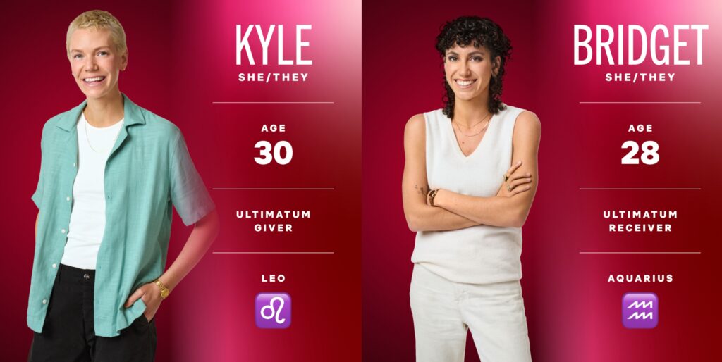 Kyle and Bridget from Netflix's The Ultimatum Queer Love Season 2 cast. Kyle wears a mint green shirt, Bridget wears a white sleeveless top. Card displays ages, pronouns, zodiac signs, and roles.