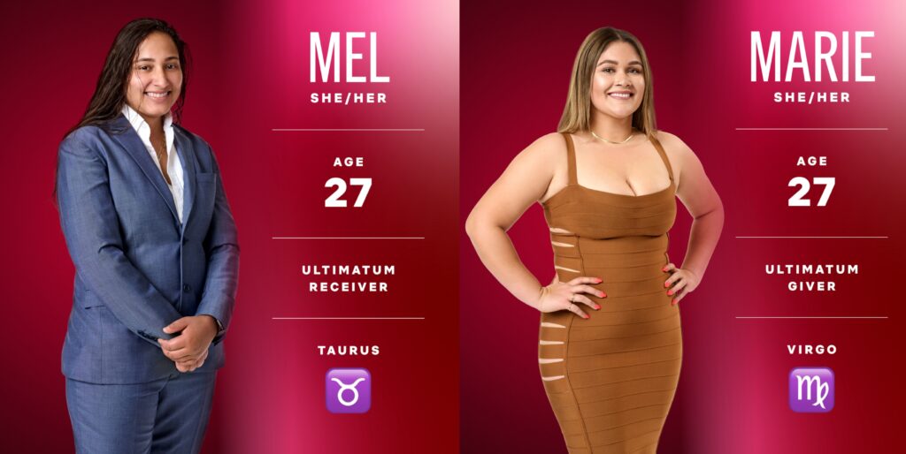 Mel and Marie from The Ultimatum Queer Love Season 2. Mel wears a blue suit, Marie wears a brown dress. Cast details include ages, pronouns, zodiac signs, and who gave or received the ultimatum.