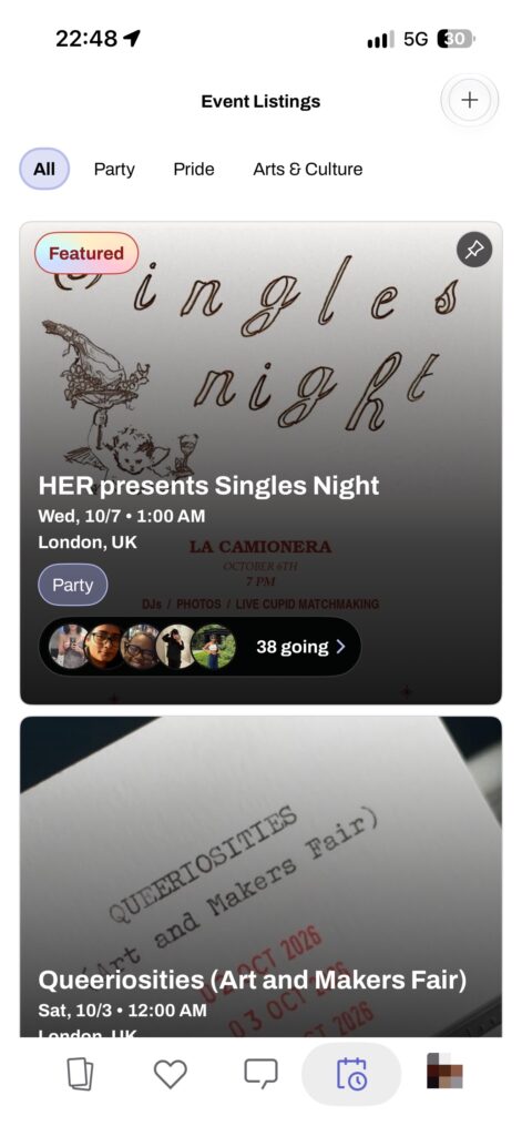 HER dating app Events listing page